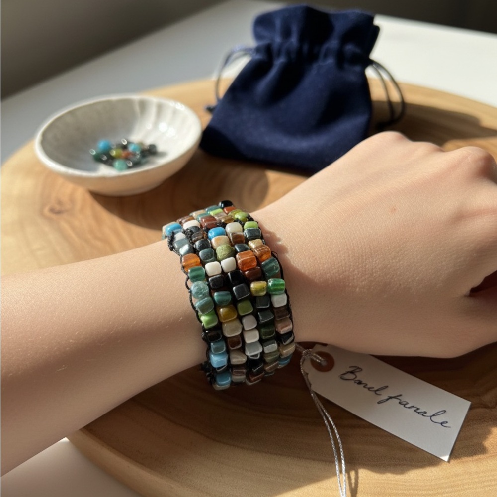 Handmade Multi-Strand Boho Beaded Bracelet | Earth Tone Stone & Glass Tile Cuff